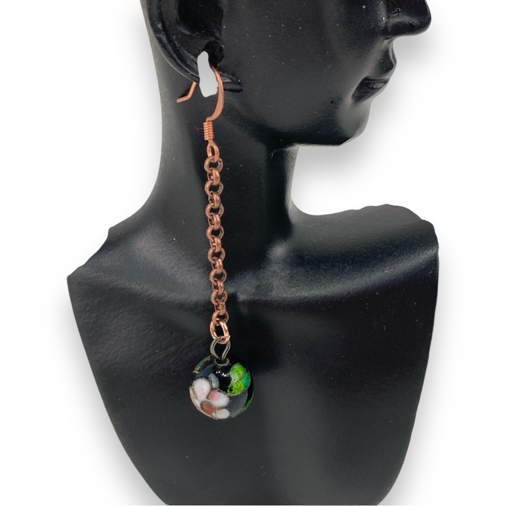 VTG Cloisonne Floral Bead Copper Chain  Jewelry Retro Earrings - Picture 4 of 13